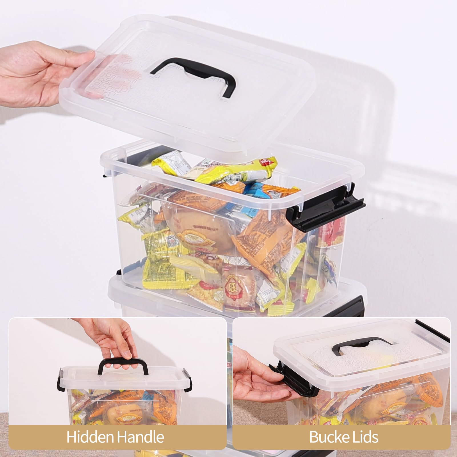 Confezione da 6 contenitori da 6 litri con manico, contenitori con chiusura a scatto e coperchio, organizer impilabile trasparente