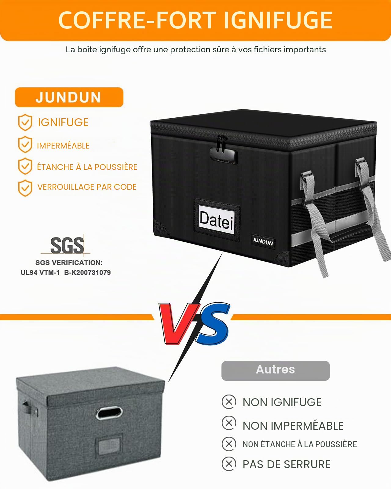 JUNDUN Boîte de rangement de fichiers avec serrure, boîte à documents pliable ignifuge avec fermeture éclair imperméable et couvercle, boîte de rangement décorative portable pour la maison/le bureau