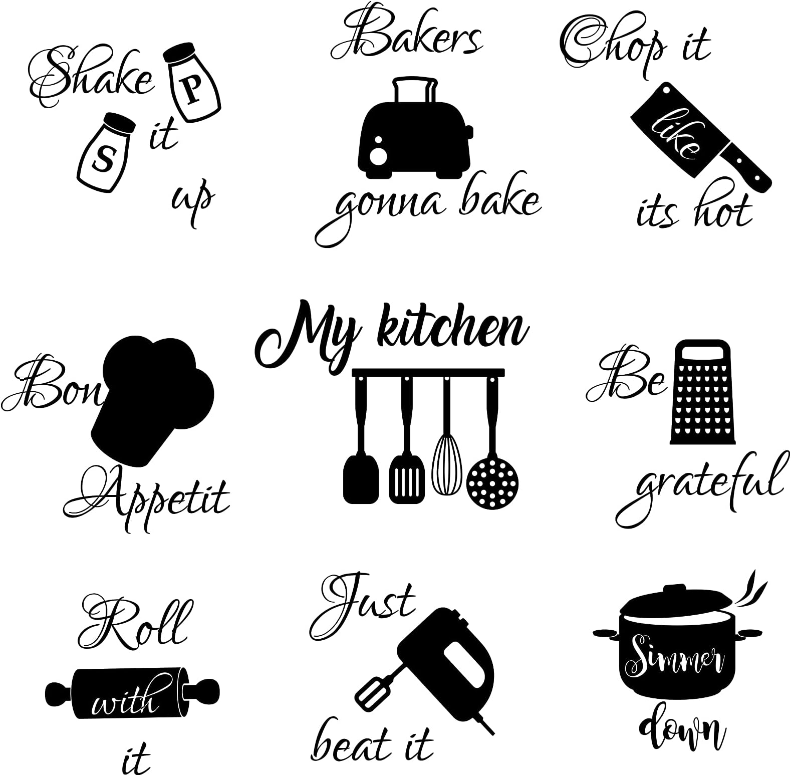 Seajan 4 Pcs Kitchen Wall Stickers Kitchen Quotes Wall Decals with Funny Lettering Vinyl Fun Utensils Sticker Peel and Stick Arts for Fridge Restaurant Bar Home Decoration