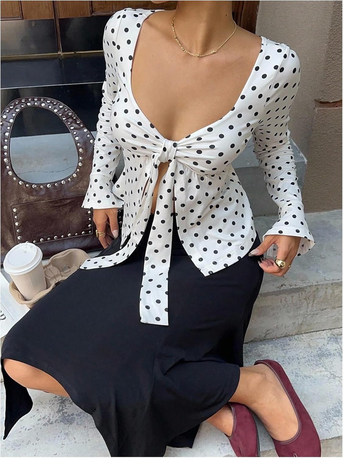 OYOANGLE Women's Polka Dots Sweetheart Neck Tie Front Top Long Sleeve T Shirts - Image 2