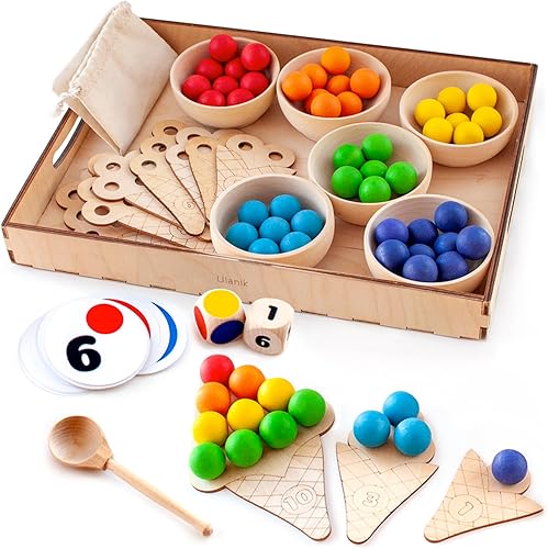 Ulanik Sweet Counting - Juguetes Montessori grandes para niños de 3 años + juego de madera a juego para aprender a clasificar y contar colores - 60