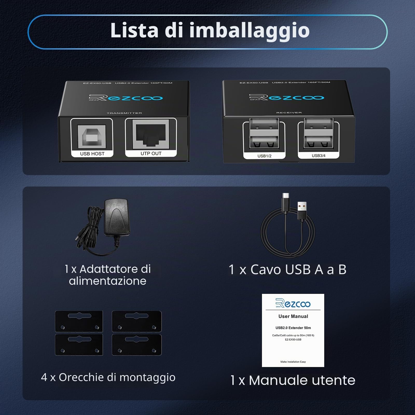 Estensore USB 2.0 a 4 porte USB su Cat5e Cat6 RJ45 estensione LAN 5V Basso consumo energetico USB Ethernet Work Sync Windows MacOS Android Linux Nessun driver EX50USB