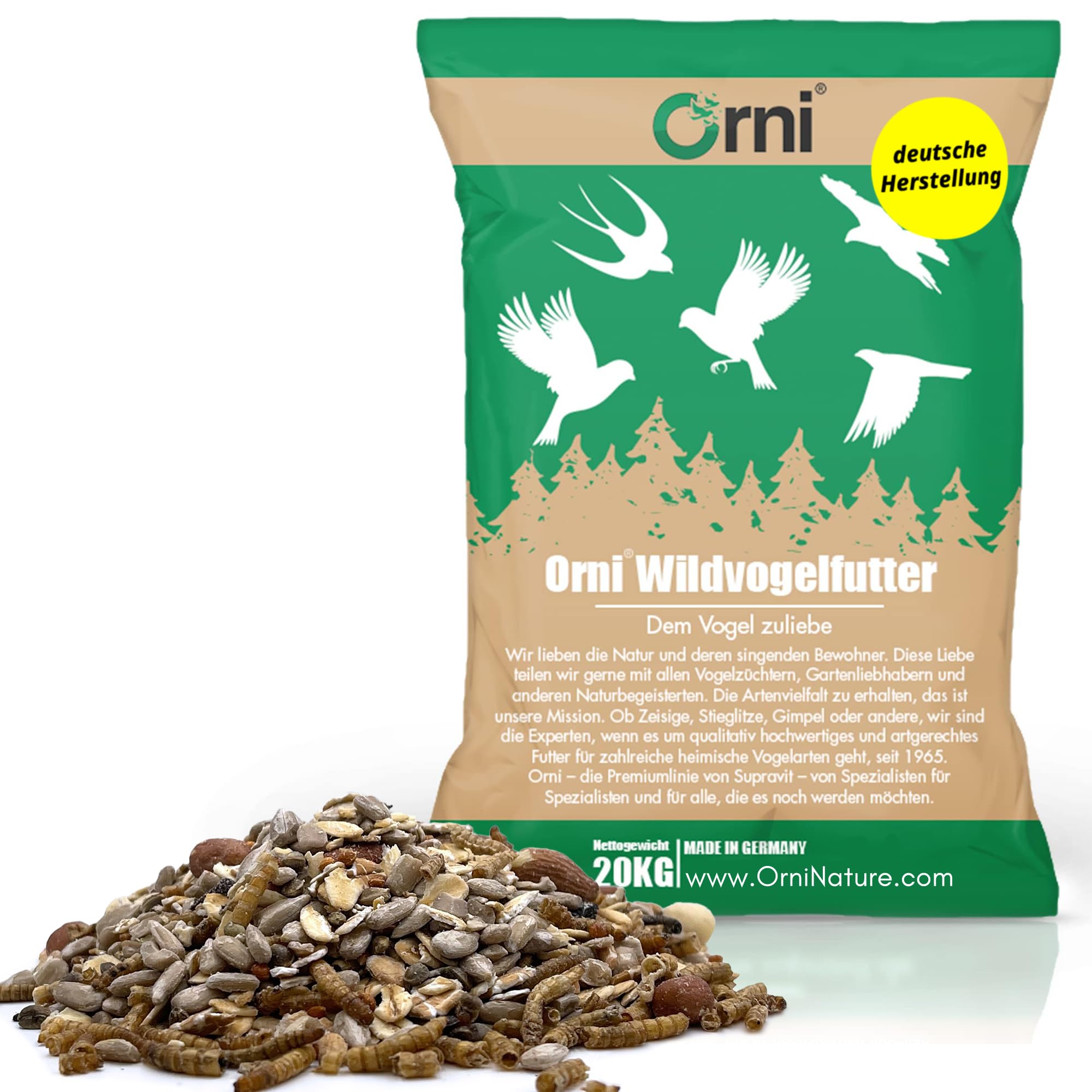 Orni Wildvogelfutter mit Mehlwürmern Deluxe Streufutter 20kg | | proteinreiches Vogelfutter für extra Energie & Vitalität | Ganzjahresfutter für Wildvögel wie Amseln,