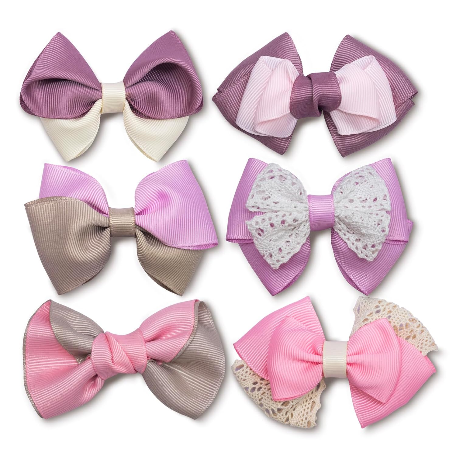 Summer-Ray Grosgrain Ribbon Hair Bows for Girls – Set of 6 Handmade Alligator Clip Bows in Pink, Mauve & Lilac – Hair Accessories for Kids & Girls