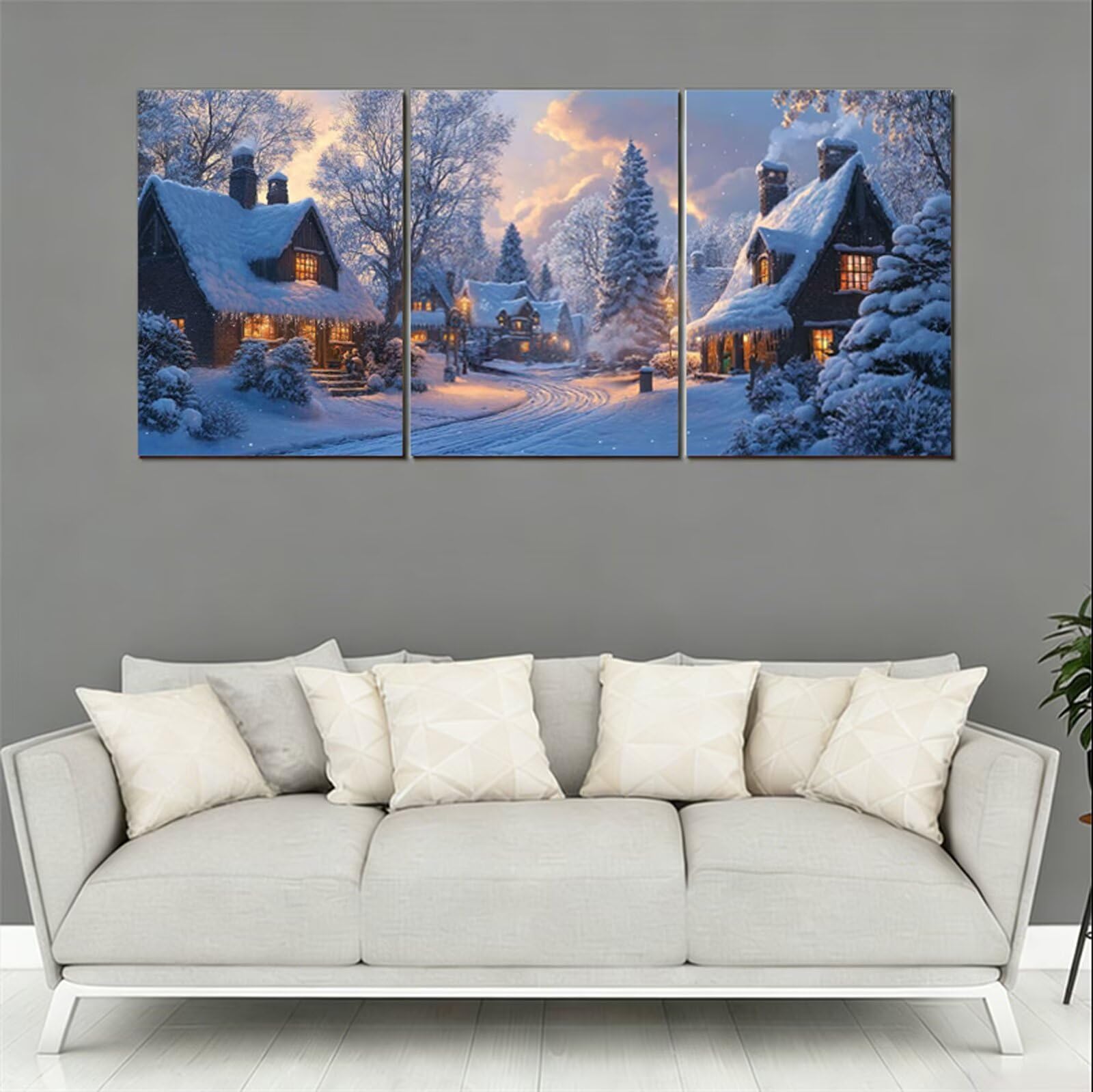 Tableau Decoration Murale Hiver Cadre en Bois Impression sur Toile, Peinture Poster Mural Tableau Paysage Triptyque pour Moderne Salon Chambre Restaurant Maison Bain Cuisine 25x35 cmx 3pcs 1f-400