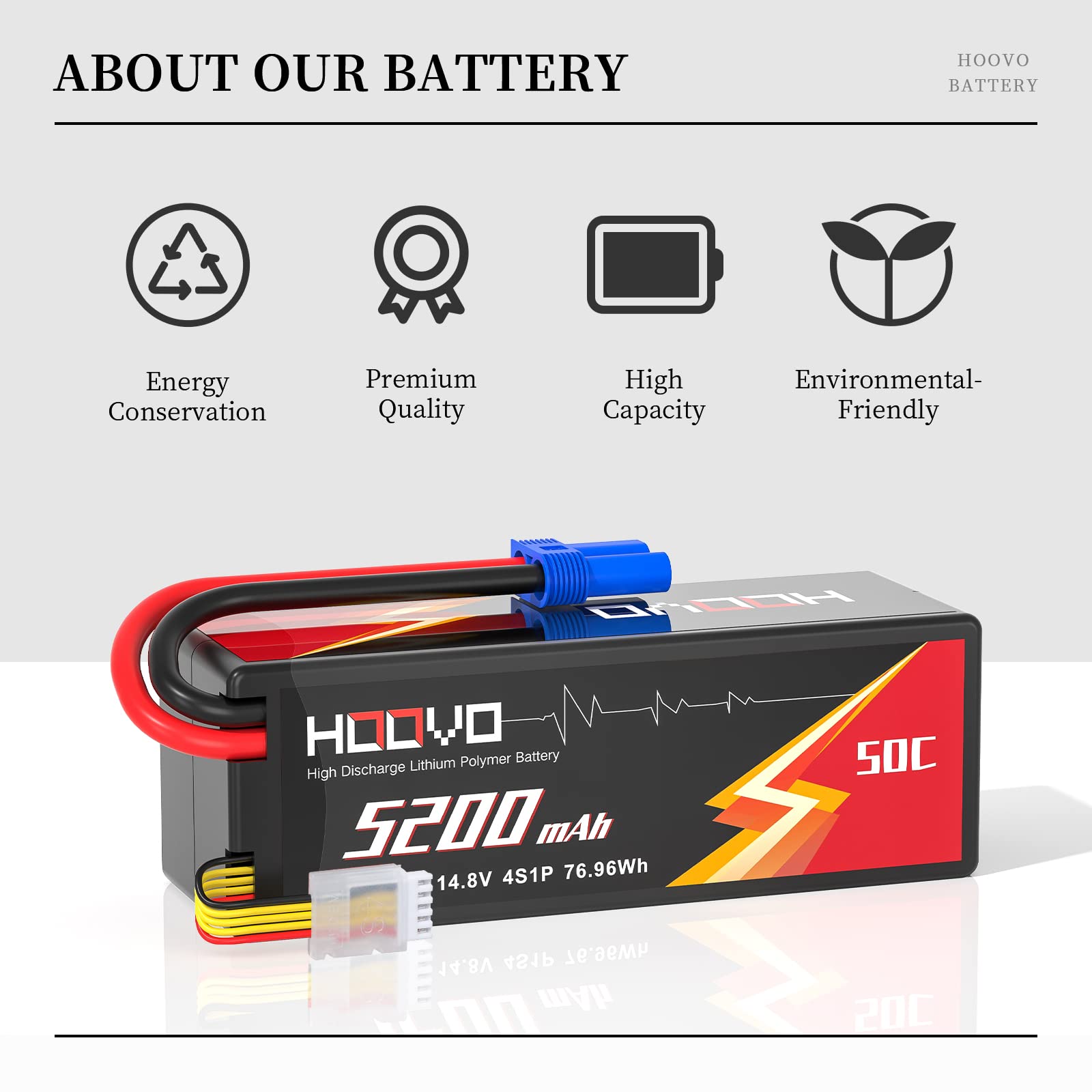 HOOVO Batteria Lipo 4S 14,8 V 50 C 5200 mAh RC con spina EC5 per RC Buggy Truggy Crawler Monster Car Boat 1 confezione