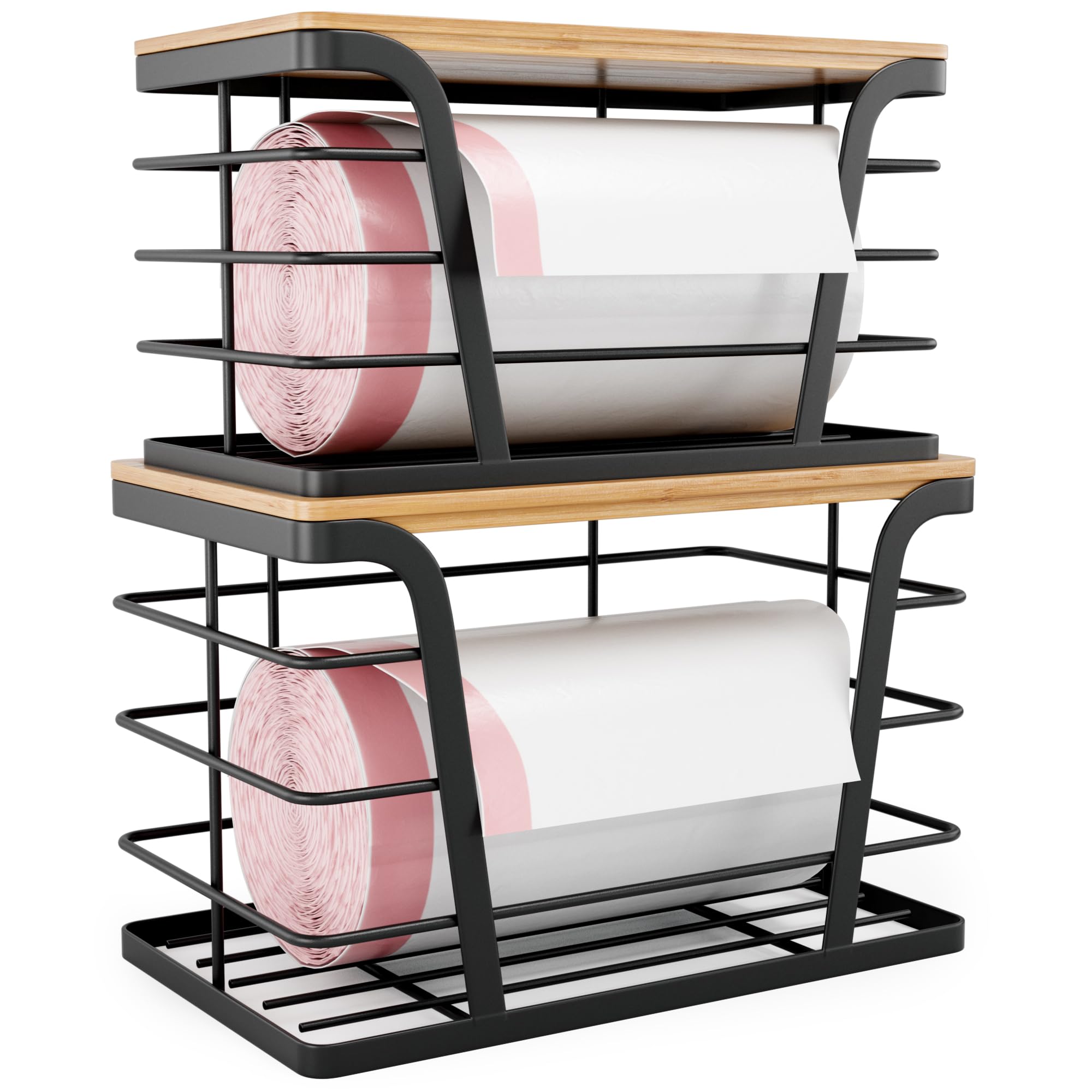 TIDIIABODE 2 Pack Stackable Storage Laundry Kitchen Organizers, Wall Mount Trash Bag Holder with Bamboo Top and Garbage Bag Dispenser No Drill