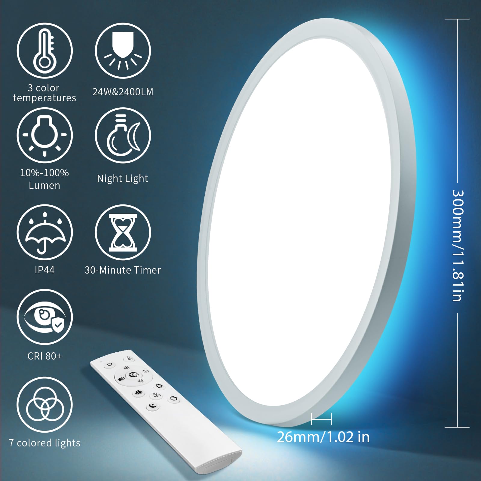 Oumida Lampara LED Techo Regulable, 24W RGB Regulable-Lampara con Mando Distancia,Luz Nocturna 3000K-6500K,2400LM IP44 Lampara para Dormitorio Cocina Salon Baño Comedor Pasillo, Ø30cm