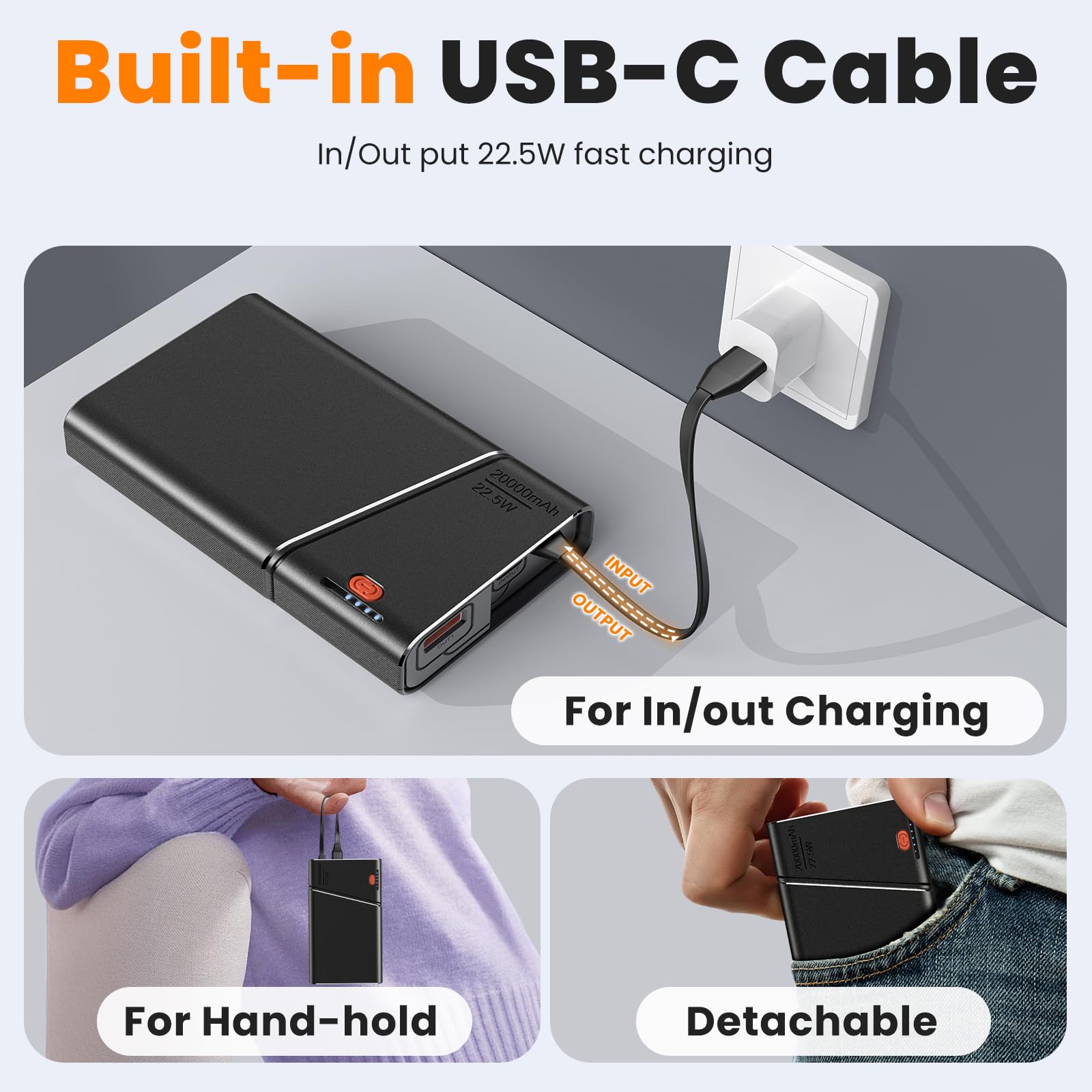 Aaoyun Tragbares Ladegerät, Powerbank, 20.000 mAh, 22,5 W, PD, super schnelles Aufladen, Powerbank mit integriertem USB-C-In&Out-Kabel, externer Handy-Akku für iPhone 17/16/15, iPad, Samsung S24