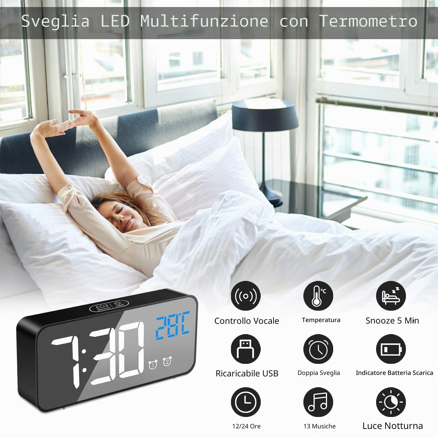 MOSUO Sveglia Digitale, Sveglia da Comodino con Temperatura e LED Grande Schermo, Orologio a Specchio con 2 Allarme, Snooze, Suoni e Luminosità Regolabile, Controllo Vocale, USB Ricaricare, Nero