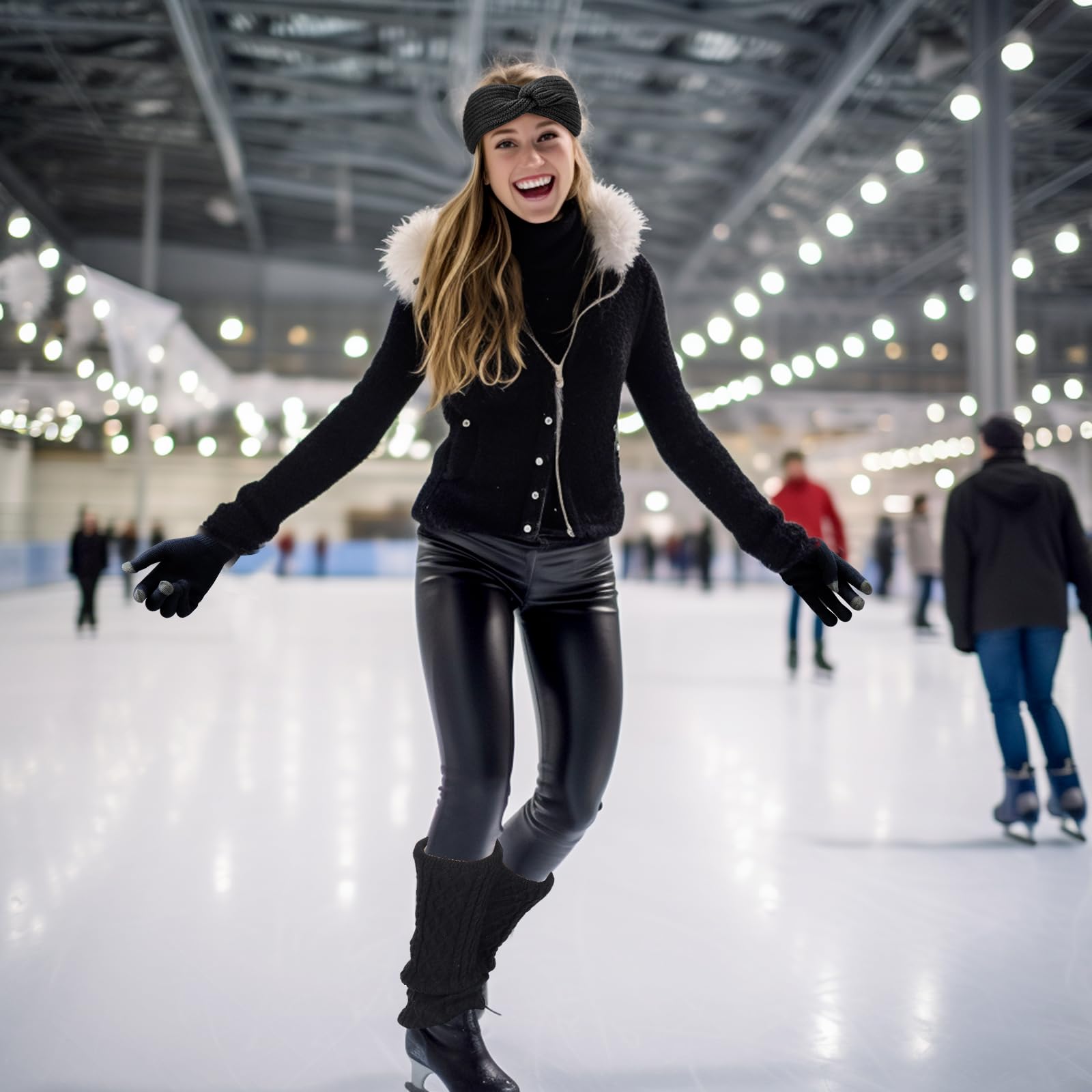 Juego de 2 calentadores de piernas, guantes y diadema para patinaje artístico, cremallera, forro polar, calentadores de piernas, calcetines para patinaje sobre hielo