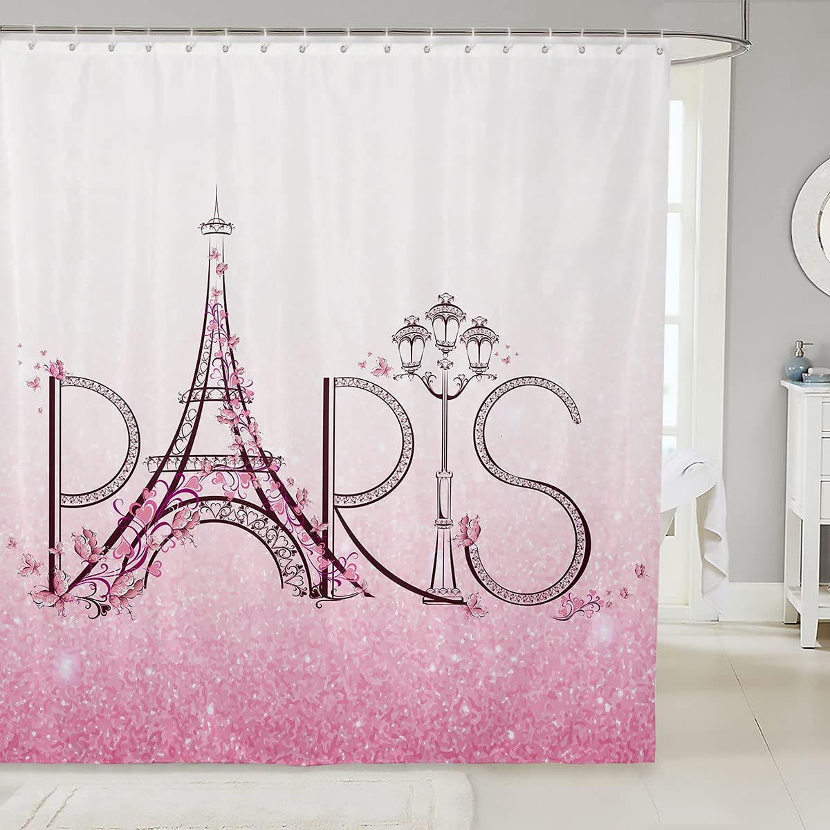 Bathroom Shower Curtain Set 4 Pcs Eiffel Tower Shower Curtain Sets,Pink  Floral Paris Street Scenery European France City Oil Painting 70\, image size:1200x1200