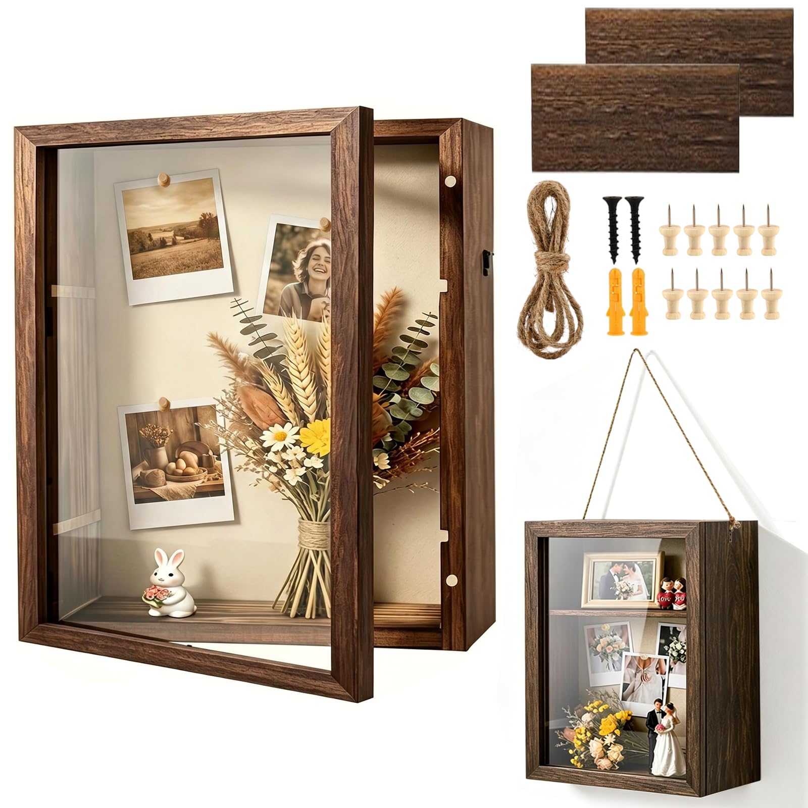 Wonninek 12.7cm Deep Shadow Box Display Case 8x10, Hangable Shadow Box Frame with Linen Back and Removable Slot, Large Vintage Memory Box Display for Photos, Artworks, Memory Tickets