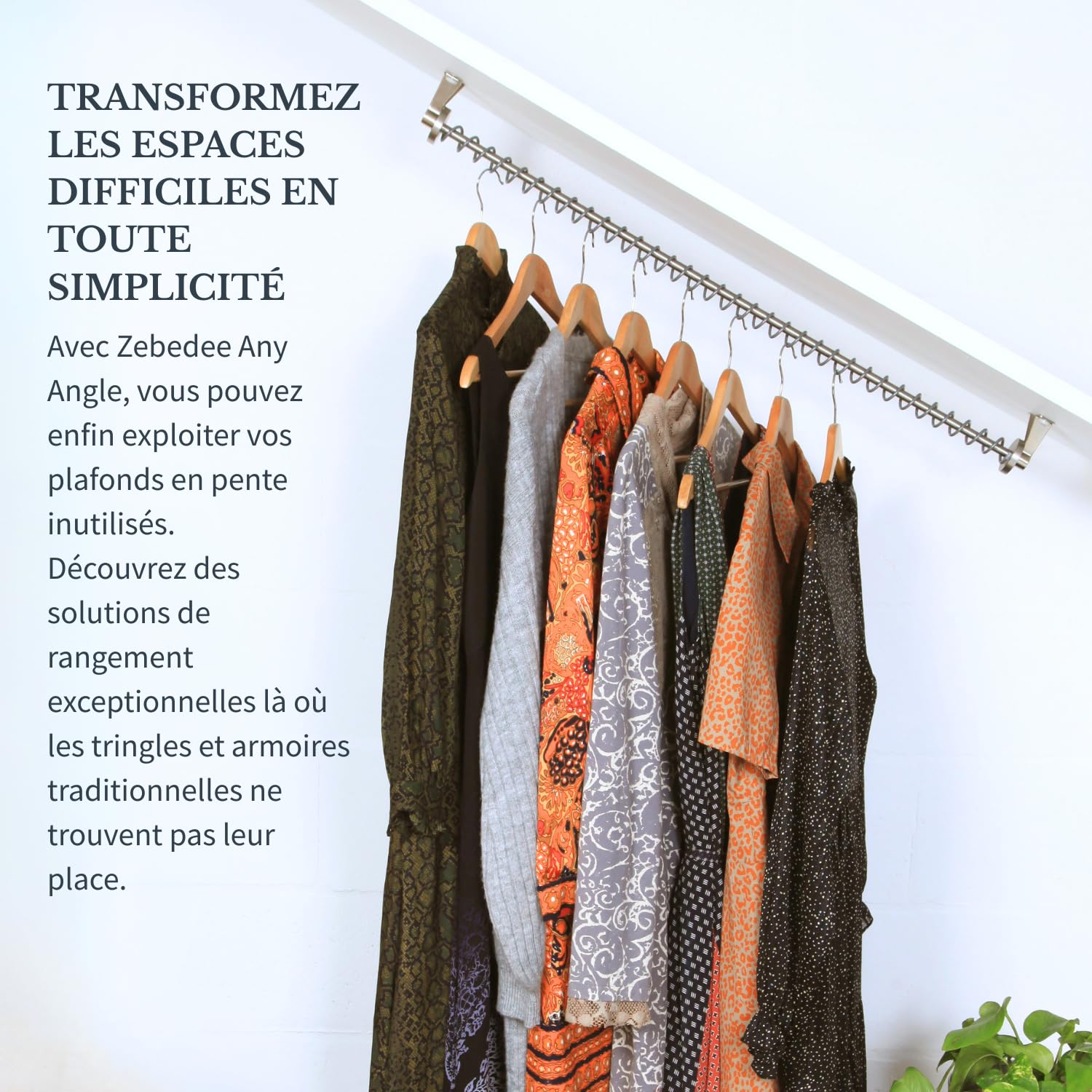 Zebedee Tringle à vêtements d'angle pour plafond incliné, armoire de grenier, rangement de grenier et porte-manteau en spirale sous les escaliers (900 mm)