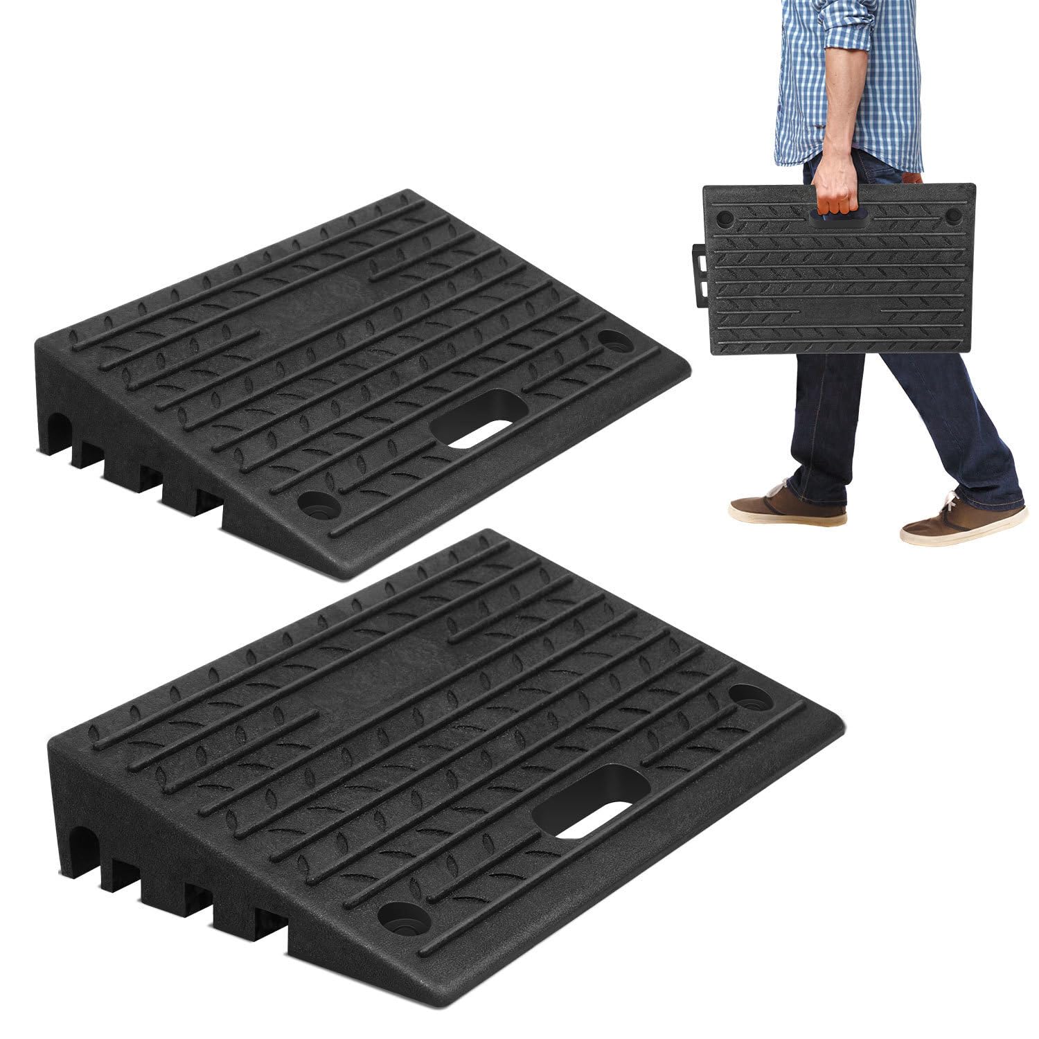 2 Stück Bordsteinrampe Gummi 10cm Hoch Tragbar mit Griff Rampe für Bordsteine, Rollstuhl, Auto Auffahrrampe Türschwellenrampe (50x32x10 cm)