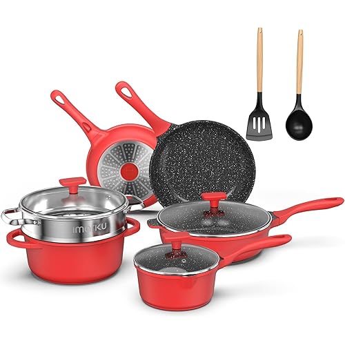 imarku Pots and Pans Set,11PC Kitchen Cookware Set Nonstick, Cooking Pot Pan Set with Stay-Cool Handle,PFOA Free Pans Set with Granite Coating,Red