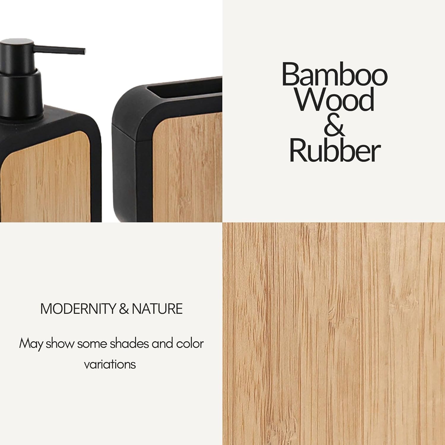 4-Piece Bathroom Accessory Set Black Rubber and Bamboo – Soap Dispenser, Toothbrush Holder, Soap Dish, Toilet Brush with Holder – Compact Design for Bathroom Countertops