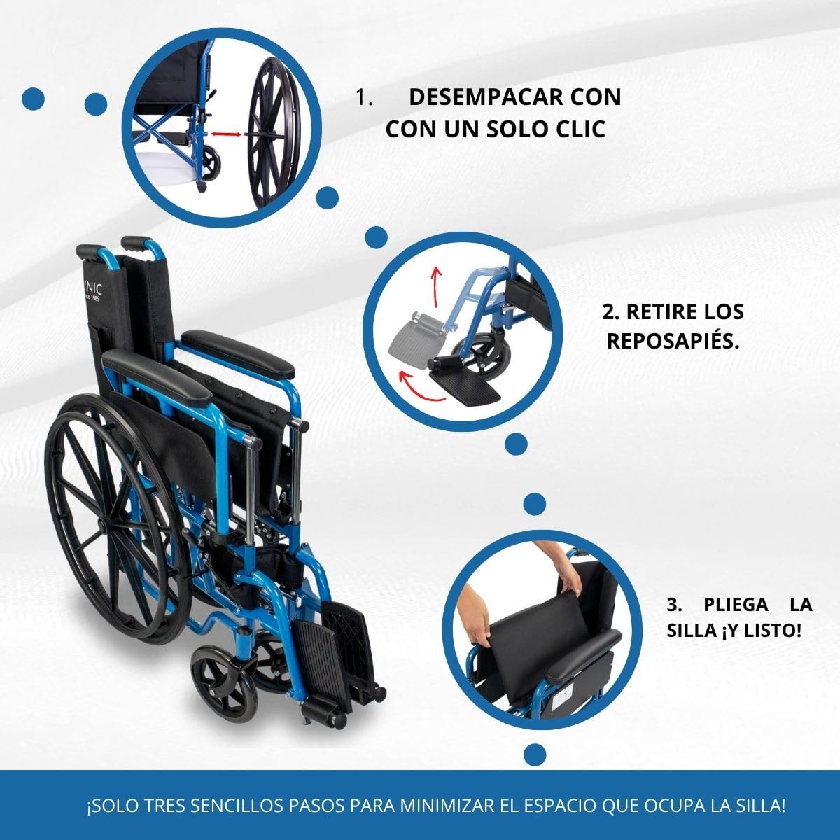 Mobiclinic®, Silla de ruedas plegable, Autopropulsable, Extracción rápida pulsando un botón, Asiento 46 cm, Reposapiés y reposabrazos abatibles, Palanca freno, Resistente, Azul, Marsella