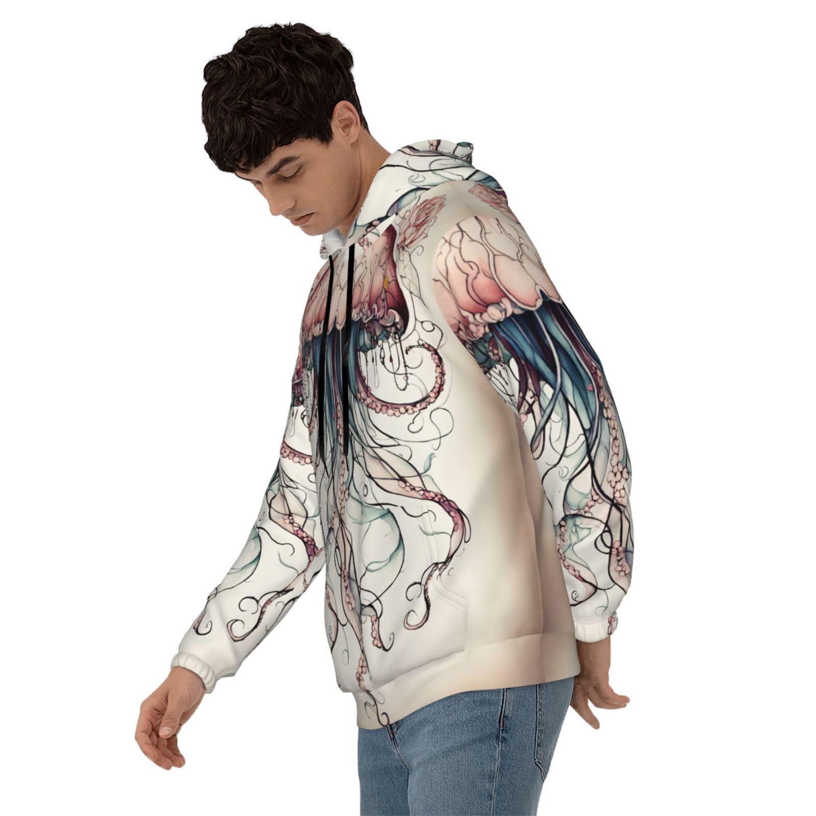 Męska bluza z kapturem z nadrukiem meduzy, casualowa grafika z nadrukiem bluzy z kapturem z kieszenią