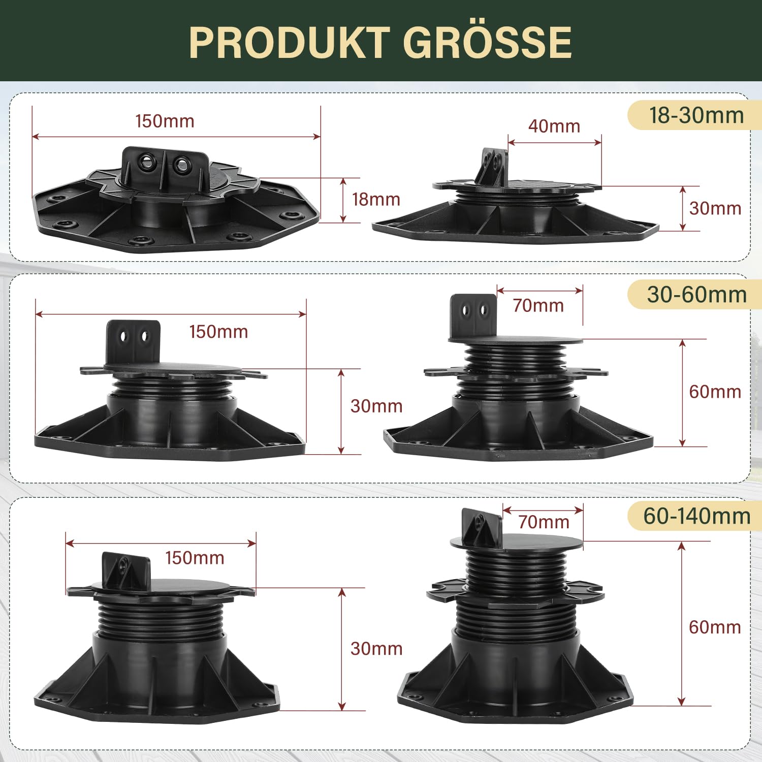Herrselsam - 50 cuscinetti per pannelli, cuscinetti per piastre, supporti regolabili in altezza, 60 - 140 mm, per assi da terrazzo, per sottostruttura in legno, WPC e pietra