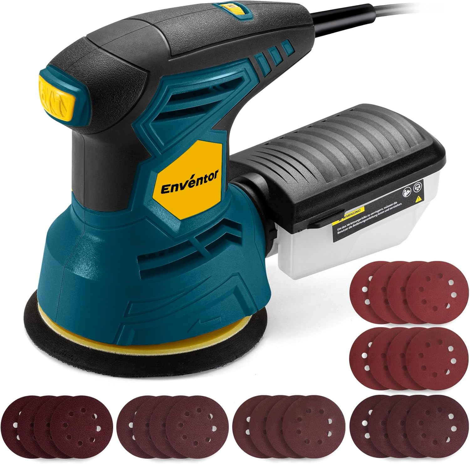 Enventor 2.5A Random Orbital Sander, 300W 5-Inch Electric Orbital Sander Tool 6 Variable Speed, Max 13,000 RPM Palm Sander with 24 PCS Sandpapers, Dust Collector Box for Woodworking
