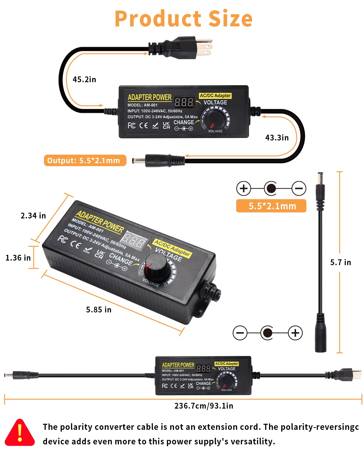 Adaptador de corriente universal con certificación UL – 3 V ~ 24 V 120 W 5 A ajustable CA/CC fuente de alimentación con 14 puntas – 100-240 V 50-60 Hz convertidor variable para luz LED