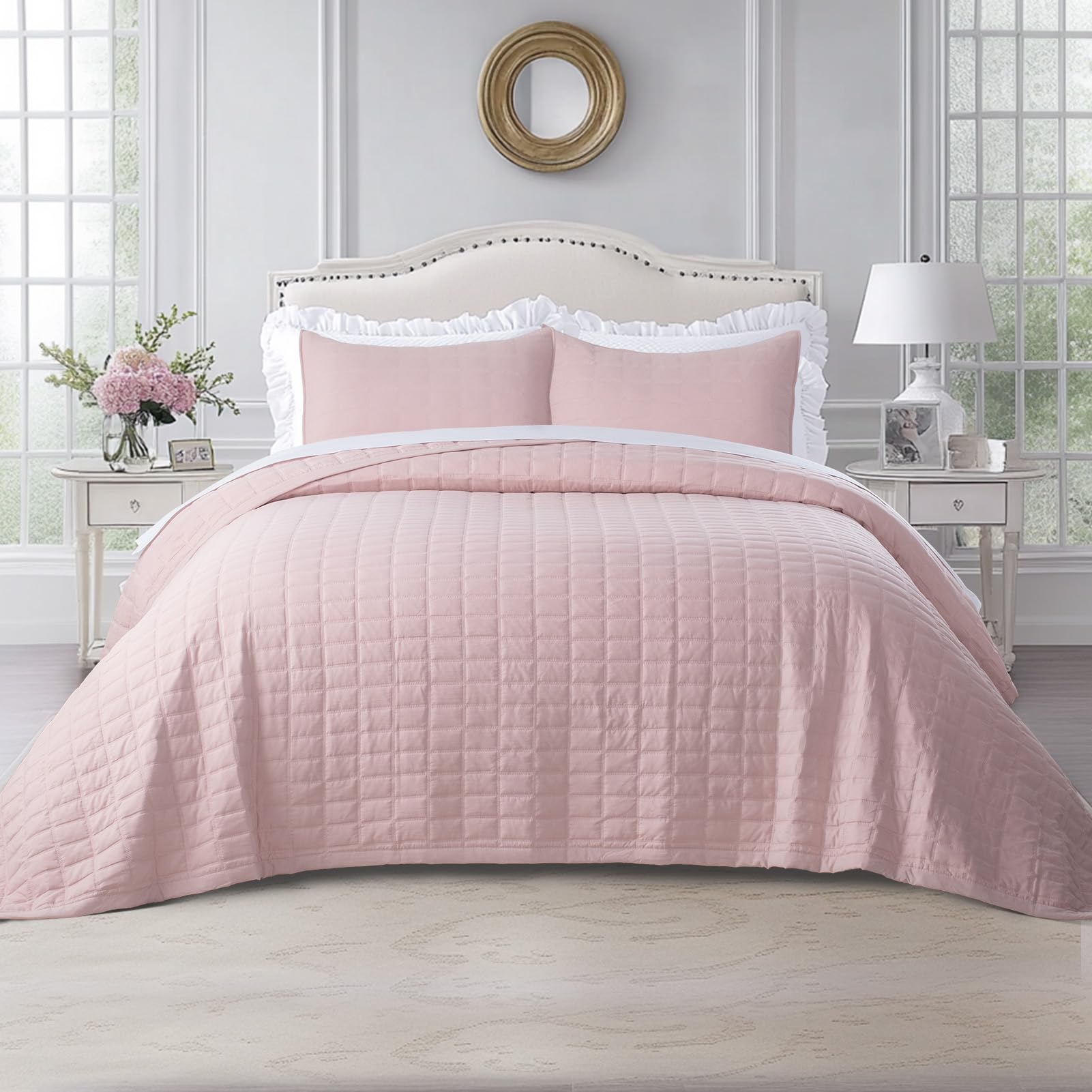 Oversized King Quilt Set 112"x106" – Soft Washed 3-Layer Lightweight California King Bedspread, Minimalist Nordic Design, All-Season Spring & Summer Quilt Set (1 Quilt + 2 Pillow Shams), Blush Pink