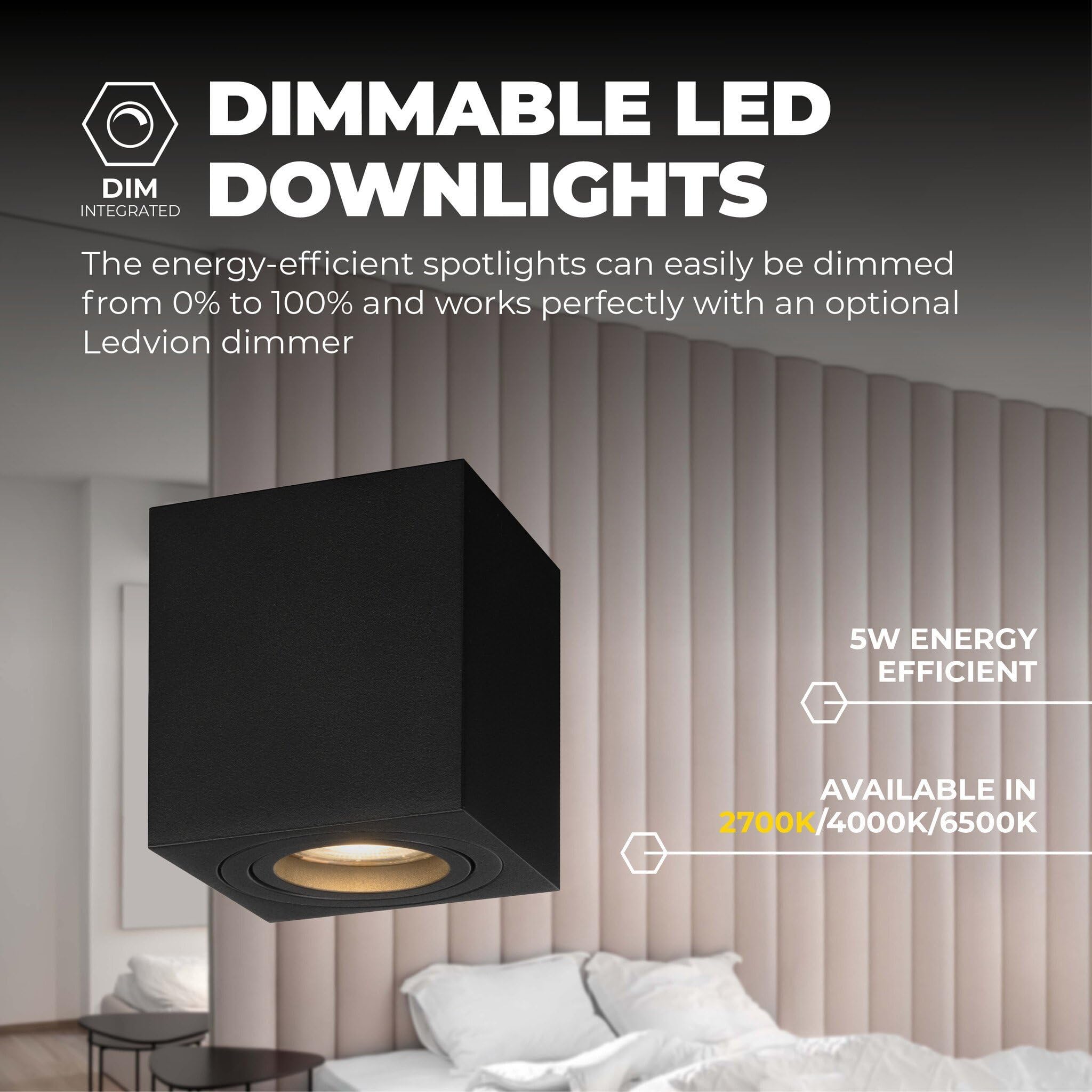 Ledvion lot de 4 spot LED en saillie noir carre 3W blanc chaud dimmable