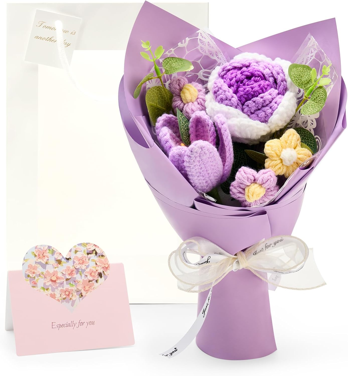 Crochet Flowers Bouquet Valentine's Day Gift for Wife Girlfriend Mother Women, Handmade Artificial Knit Purple Rose Tulip Flower for Wedding Anniversary Birthday Valentine Present, Home Decor - Image 8