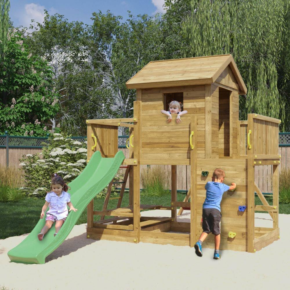 Casetta Parco Giochi in Legno da Giardino Fungoo Mars con Scivolo 2,2 m, 2 Altalene, Tavolo Picnic, Parete Arrampicata e Sabbiera – Struttura Completa per Bambini 3-10 Anni