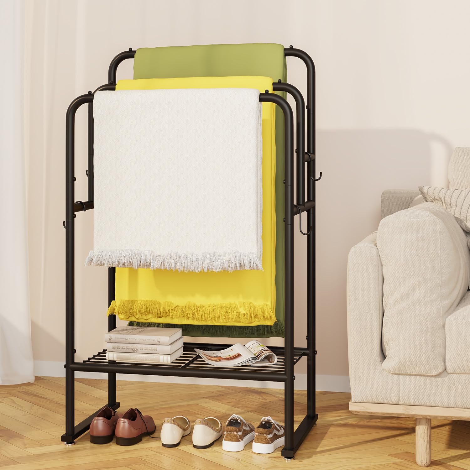 IBUYKE Free Standing Towel Rack,3 Tier Towel Rail, Metal Blanket Holder,24.0" L x 14.5" W x 40.7" H,Display Rack with Shelf for Bathroom Bedroom Beach Gym Pool Area Outside TTR007B