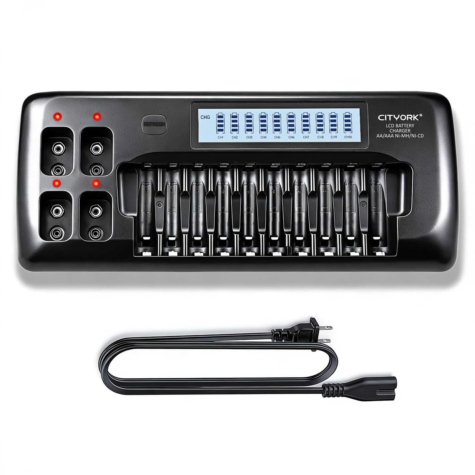 10+4 Bay AA AAA Battery Charger with LCD Display, 10 Bay for 1.2V AA AAA NiMH NiCd Batteries, 4 Bay for 9V Li-ion/Ni-MH/Ni-CD Rechargeable Batteries