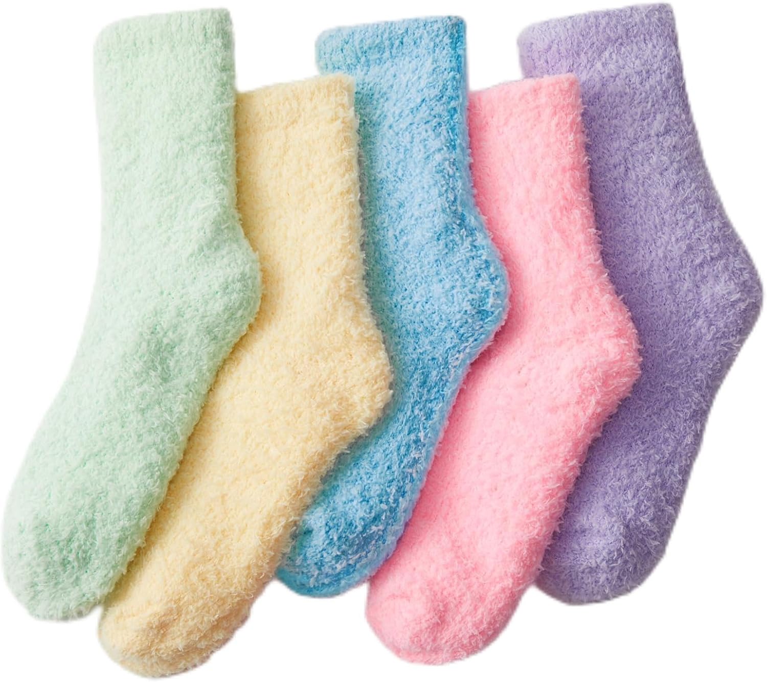J-BOX Womens Fuzzy Socks Woollen socks Soft Cozy Fluffy Warm Super Soft Slipper Socks Winter Sleeping Socks 5 Pairs One Size Purple+blue+green+yellow+pink
