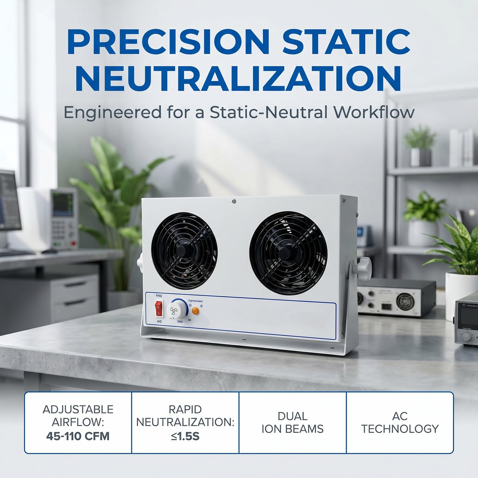Wentylator jonizatora z podwójną głowicą z antystatyczną eliminacją, przepływ powietrza 45 A 110 Cfm, temperatura pracy od 0 ℃ do 50 ℃, do drukowania, pakowania