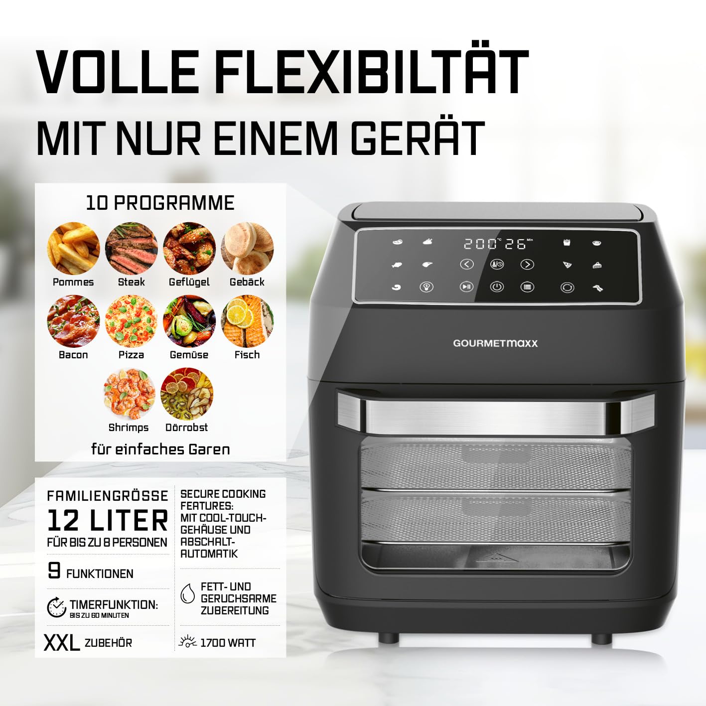 GOURMETmaxx Heißluftfritteuse 12 L Airfryer | Fritteuse mit 9 Funktionen, Touchdisplay, Dreh- & Schaschlikspießen | 10 Programme inkl. Pizza | Minibackofen 1700 W – nahezu ohne Öl