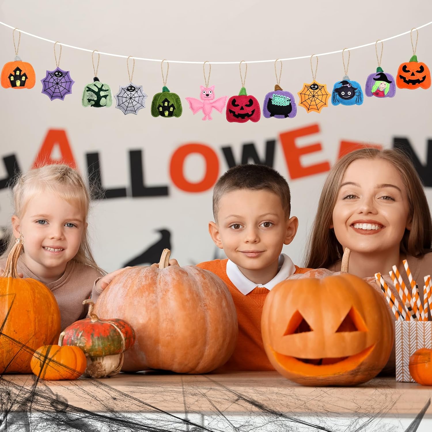 12 Pcs Halloween Felt Ornaments for Tree Decoration Spooky Pumpkin 3D Hanging Felt Ornaments Spider Web Bat Tree Decorations for Halloween Party Decor, 3.15 Inch - Image 5