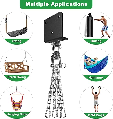 Miniatura 8 de SELEWARE Percha de bolsa pesada de rotación de 360, capacidad de 1000 libras, montaje en techo y vigas con cadena de acero inoxidable y ganchos a