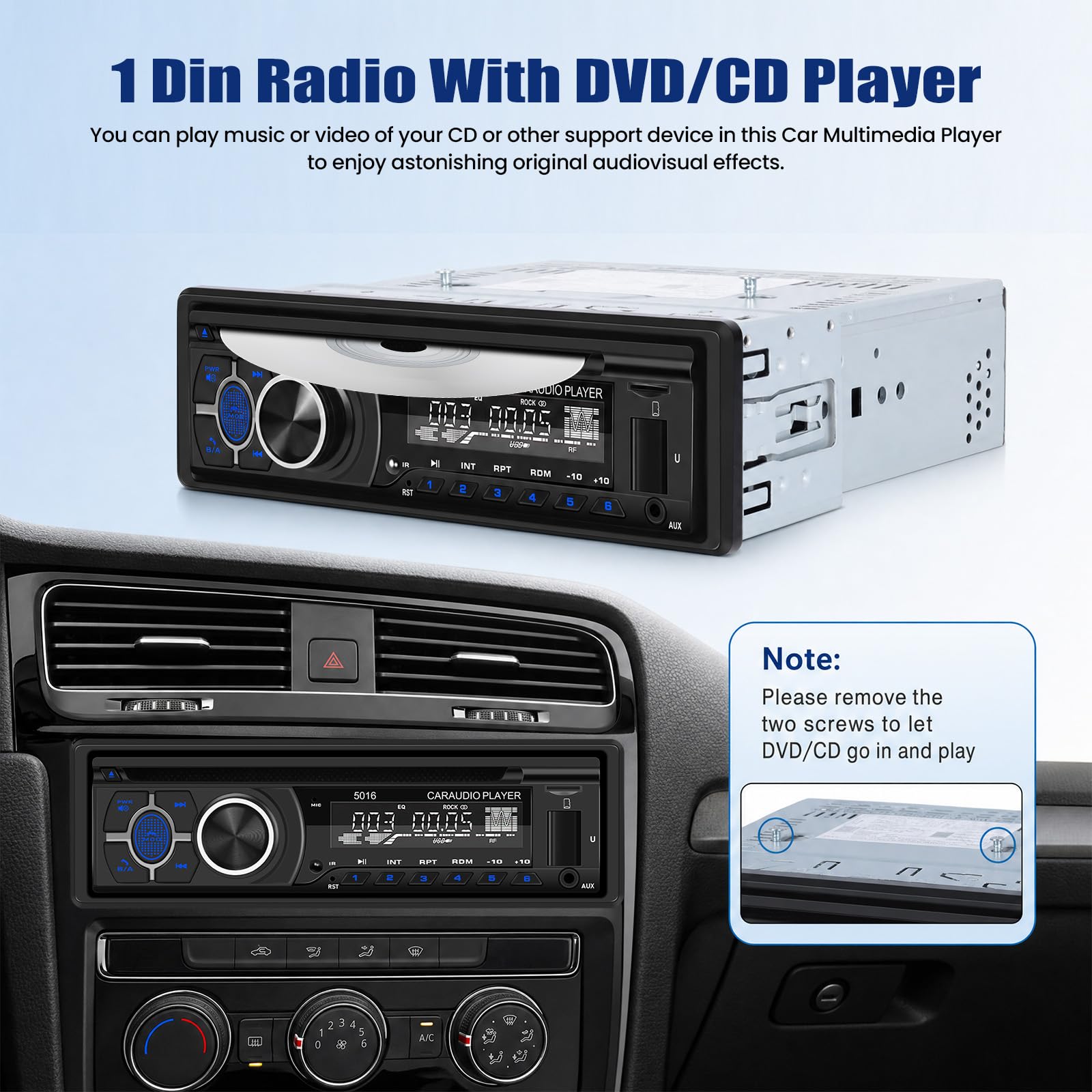 SIXTOP Autoradio 1 DIN mit DVD/CD Player, 1Din Autoradio Bluetooth Freisprecheinrichtung 1Din Radio mit FM AM Radio, MP3 Player mit APP Steuerung unterstützt AUX-Eingang/USB Wiedergabe/Aufladen