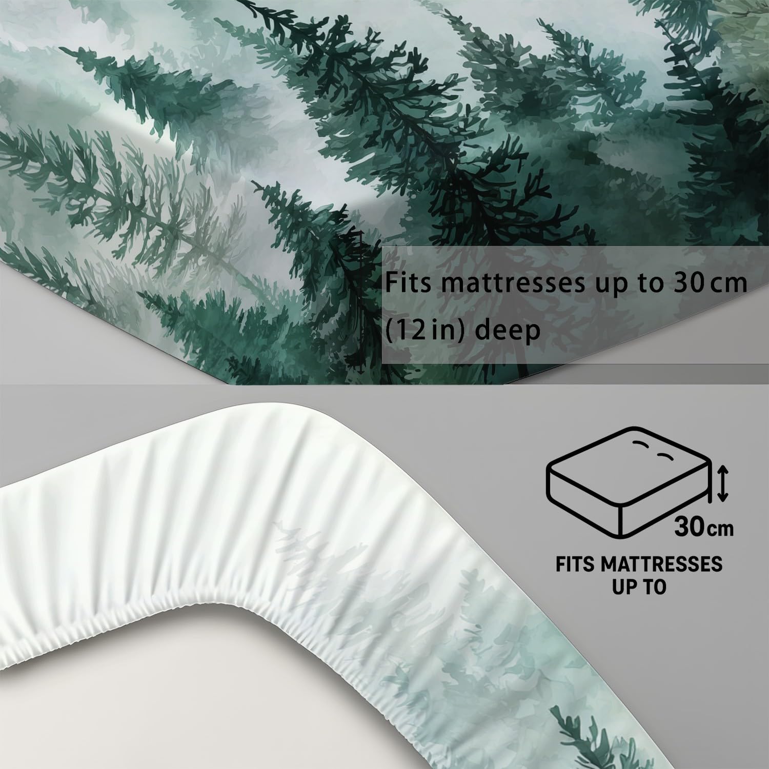 Mystique Forest Prześcieradło z gumką 140 x 200 cm Czapki 30 cm, Serein Spin Jodła Mgła dla dzieci nastolatków dorosłych, miękkie prześcieradło z mikrofibry, oddychający pokrowiec na materac