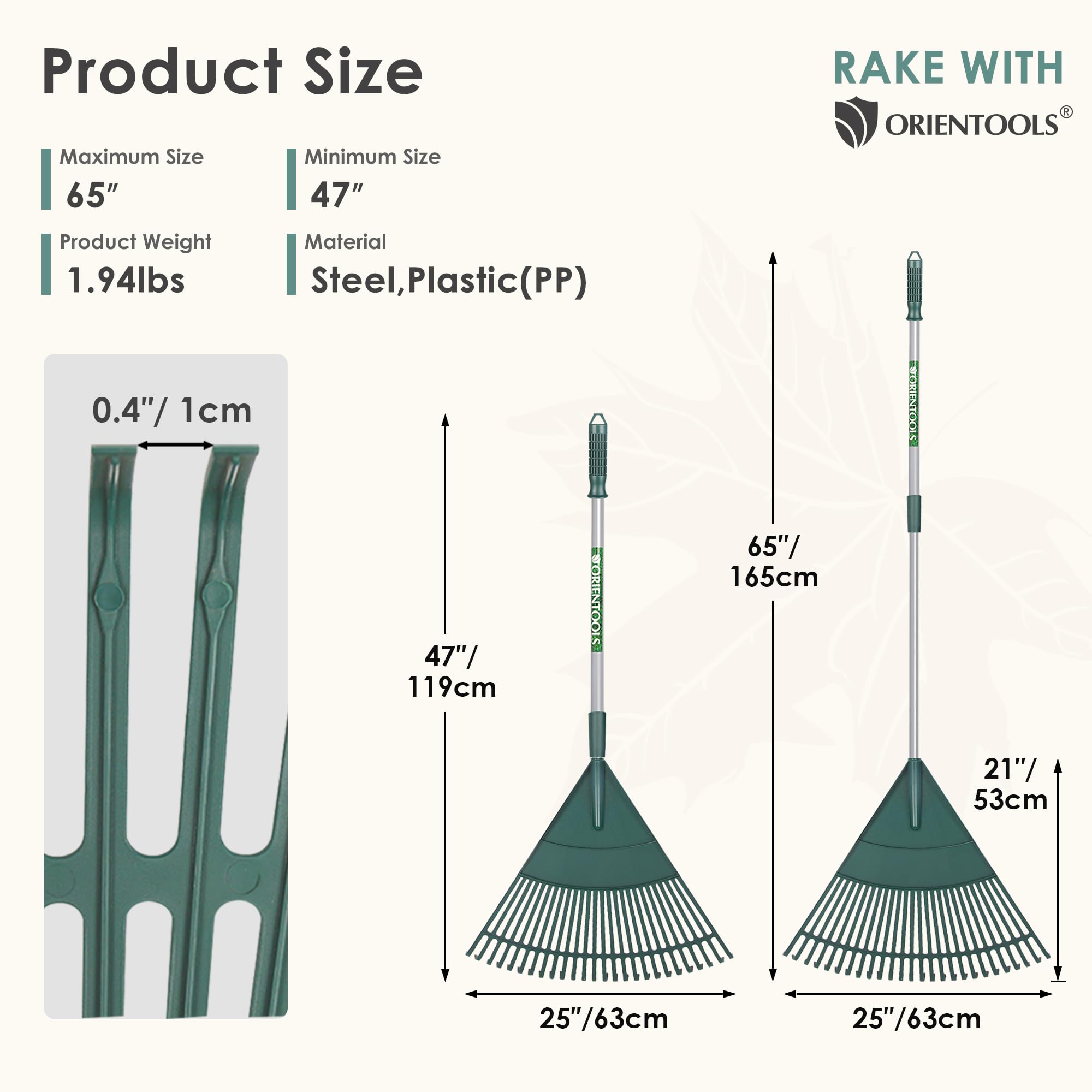 ORIENTOOLS Rateau a Feuille de Jardin, Râteau à Arbustes Réglable en Polyéthylène à Manche en Acier Léger, Tête en Plastique (Vert 26 Dents)
