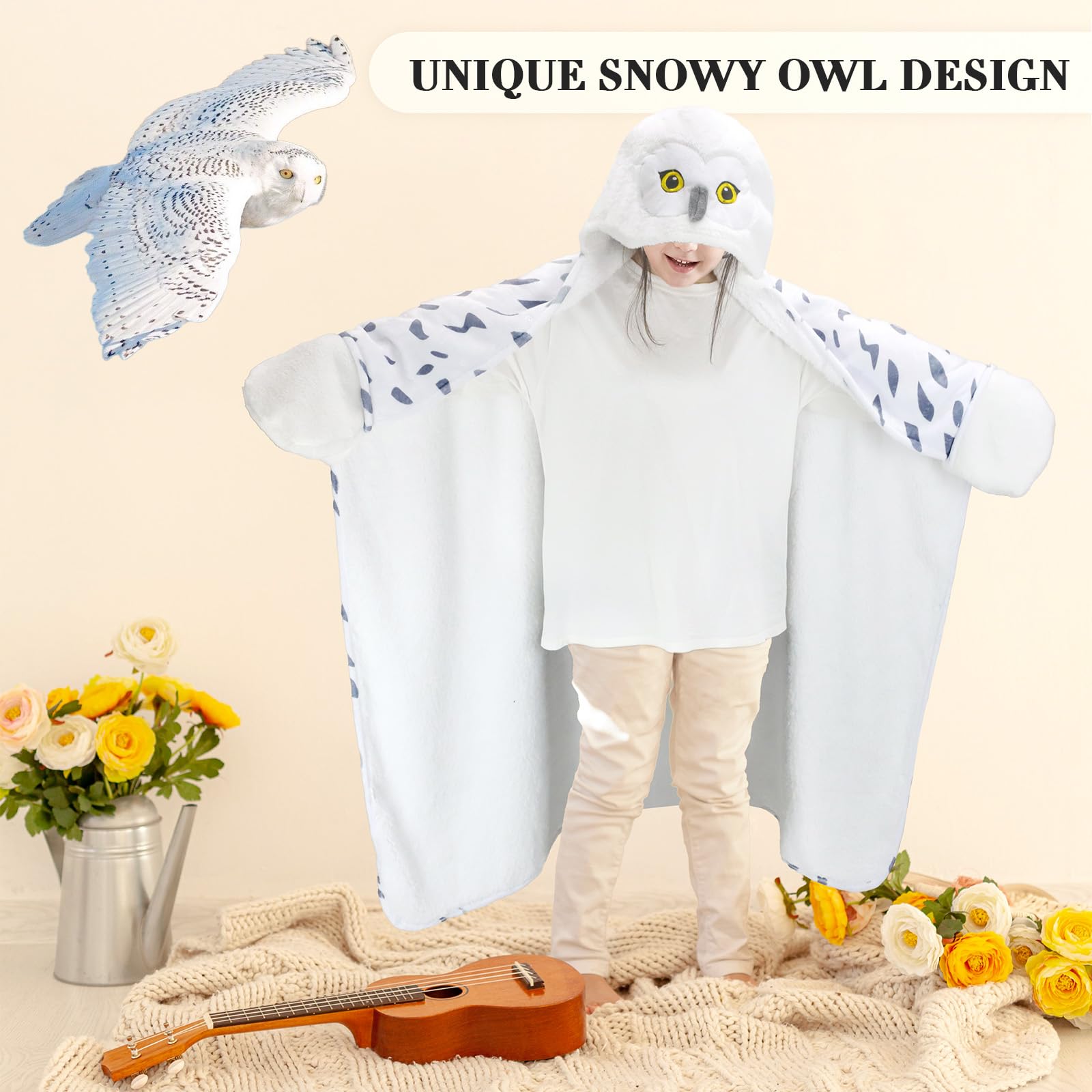Wearable Blanket Hoodie, Snowy Owl Hooded Blanket Kids Cloak with Gloves, Super Soft Flannel Owl Gifts for Boys and Girls Birthday Holiday Gifts(Snowy Owl - kids)