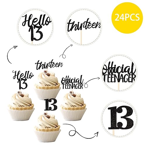 Miniatura 3 de 24 piezas de decoraciones oficiales para cupcakes de cumpleaños número 13 Hello 13 Thirteen Cupcake Picks 13th Birthday Cake Decor Supplies Black