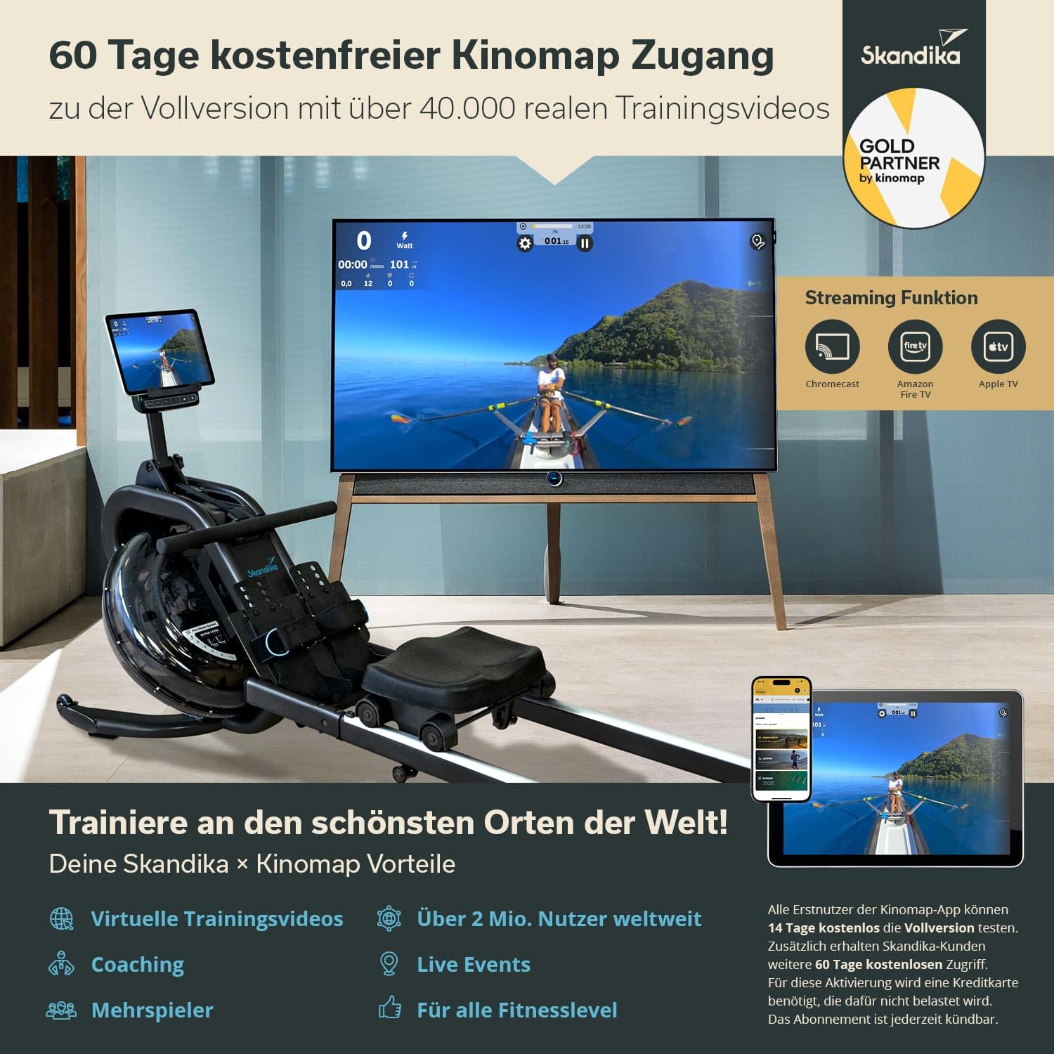 Skandika Wasserrudergerät Nemo IV | Wasser Rudergerät für Zuhause in Studio Qualität durch TÜV Süd geprüft, Kinomap, Tablet Halterung, aufstellbar | Rudermaschine mit Wasserwiderstand