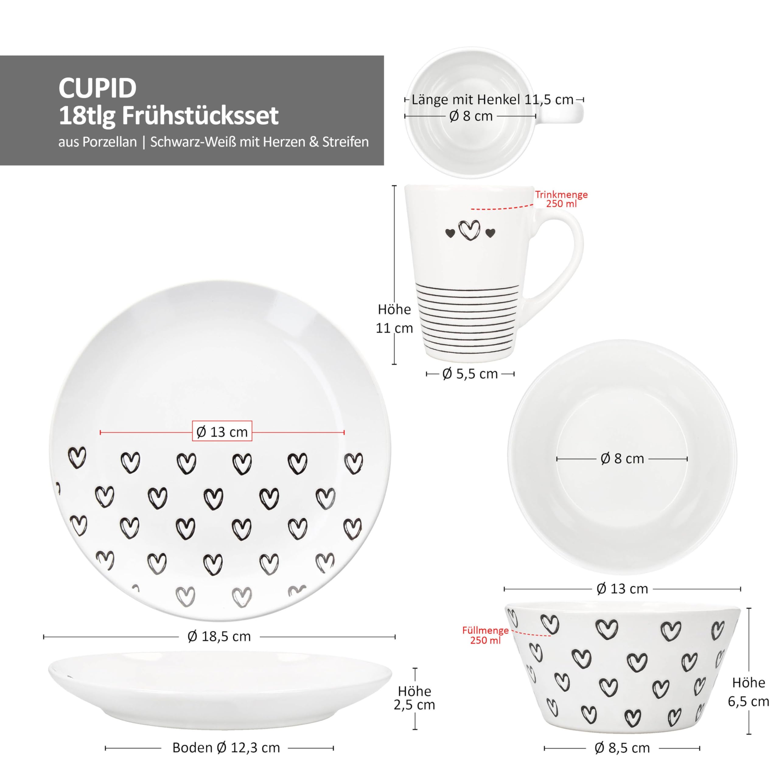 MamboCat Cupid 18tlg Frühstücksset I 6x Kuchenteller, 6x Müslischalen 450ml & 6x Kaffeebecher 350ml I Porzellan Geschirr schwarz weiß mit Herz & Streifen Dekor I Kaffeezeit
