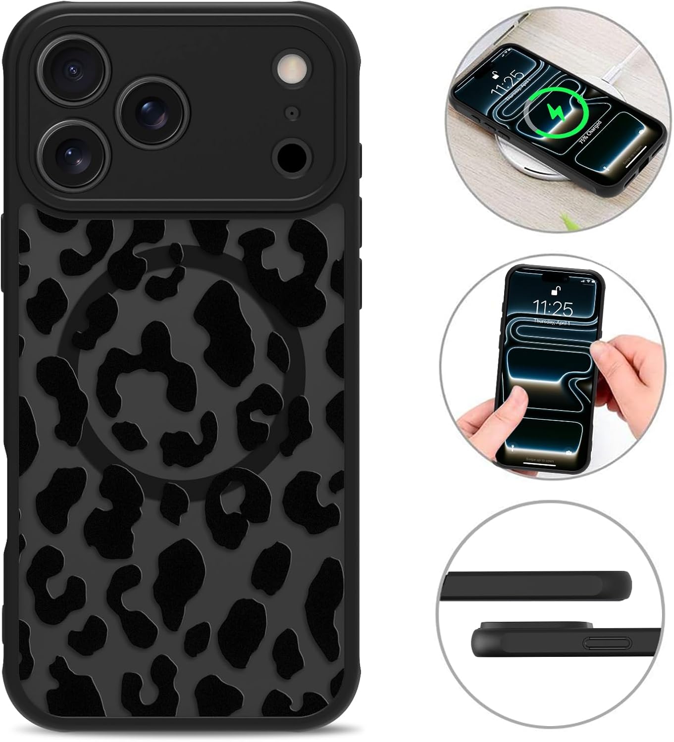 MZELQ Magnetic Case for iPhone 17 Pro 6.3 Inch, Clear Leopard Cheetah [Compatible with Magsafe Charging] Translucent Matte Hard Shockproof Camera Protection Cover for Women Men, Frosted Black