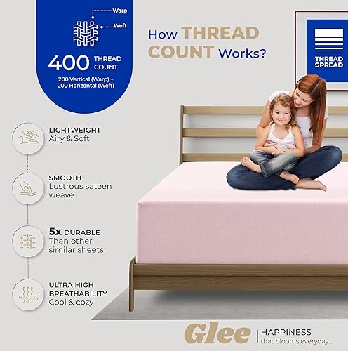 Vista 47 de THREAD SPREAD Sábana bajera ajustable de 100 % algodón tamaño individual, 400 hilos, bolsillo profundo de 16 pulgadas, sábana bajera elástica