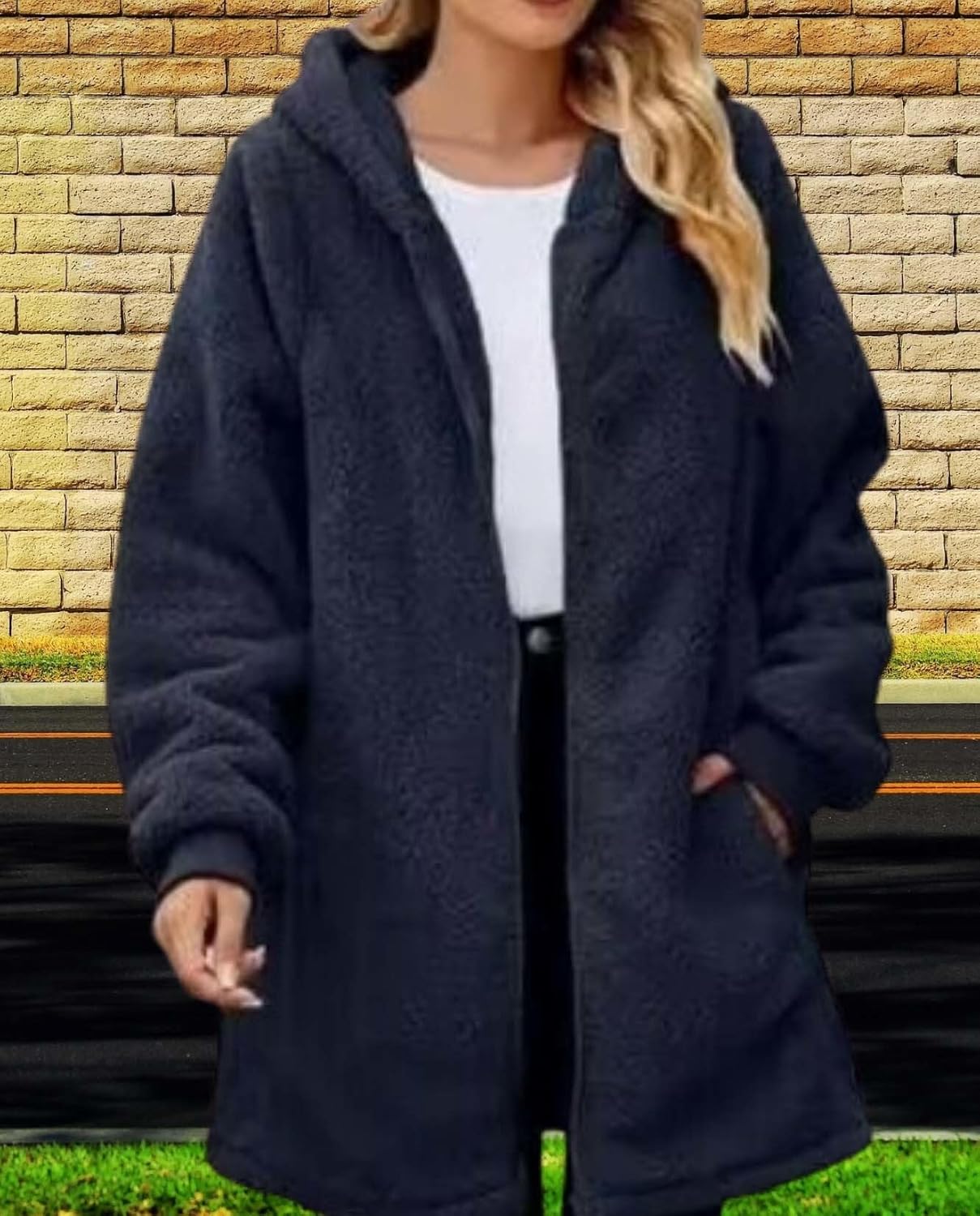 LIZALIG Women's Oversized Fleece Jacket Hooded Zip-Up Cardigan Coat with Pockets Warm Winter Casual Wear for Vacation - Image 3