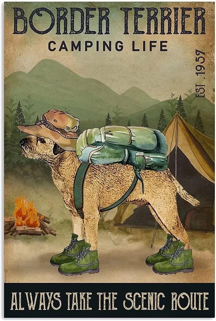 kisoyo Metal Sign Border Terrier Camping Life Retro Decor Art Sign Home Kitchen Bar Cafe Club Cave Wall Decor Vintage Tin Sign 12x16 Inch