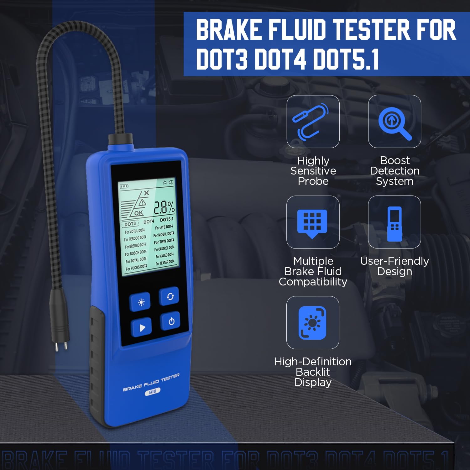 MRCARTOOL Probador de líquido de Frenos Probador de líquido de Frenos de automóvil Medidor de Punto de ebullición de líquido de Frenos Digital para automóviles DOT3 DOT4 DOT5.1 con sonda Sensible a p