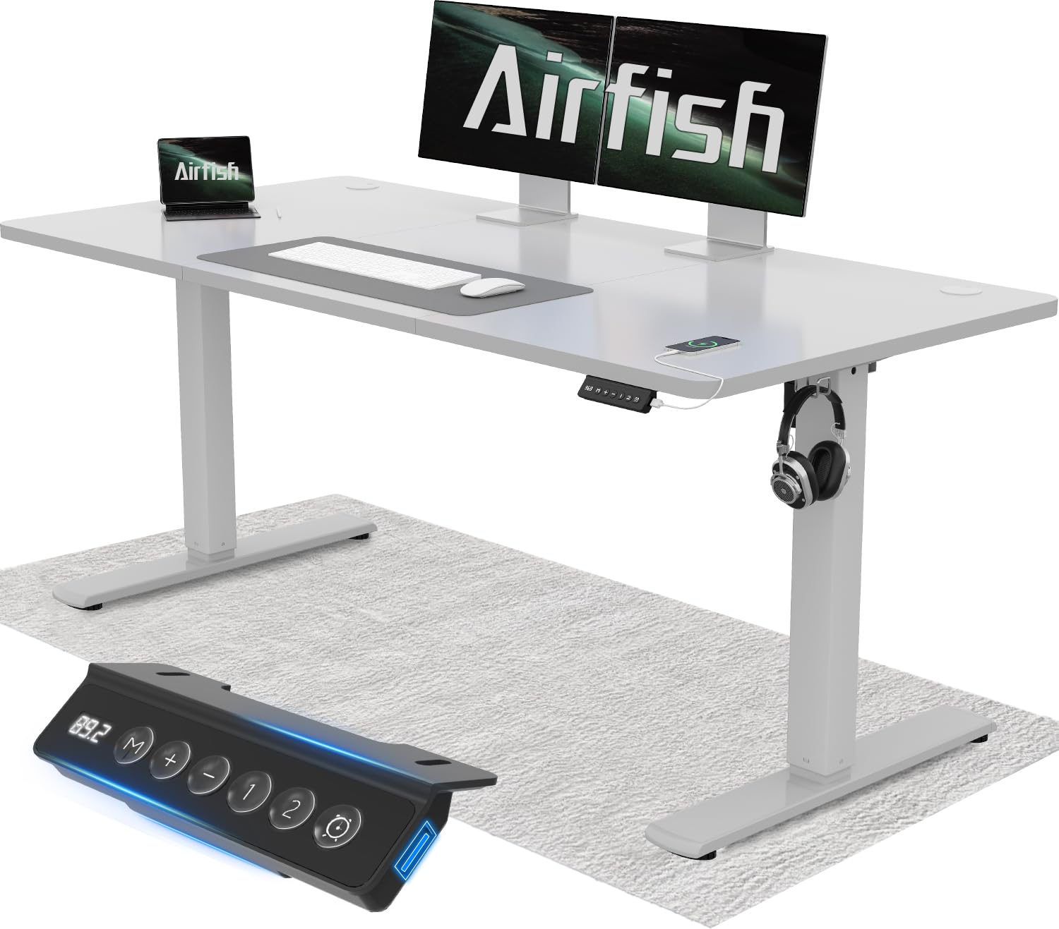 Airfish Escritorio regulable en altura 140 x 60 cm con conector USB, altura regulable eléctrica con función de memoria, 73-118 cm, gris